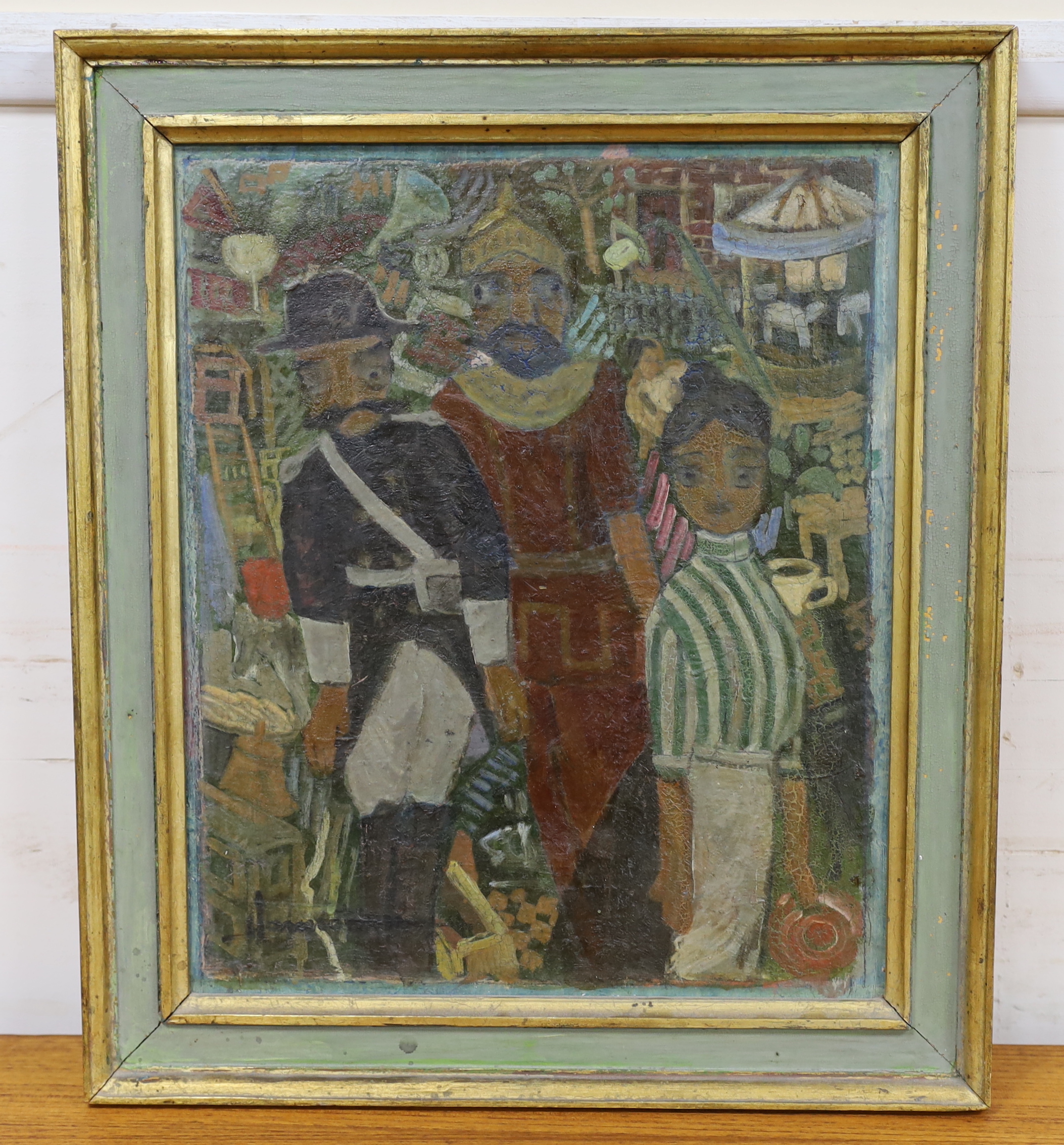 Naïve French/Armenian School, oil on board, Study of Napoleon and Josephine Bonaparte with Roustam Raza, indistinctly signed, Vendor purchased in Australia, 43cm x 35cm